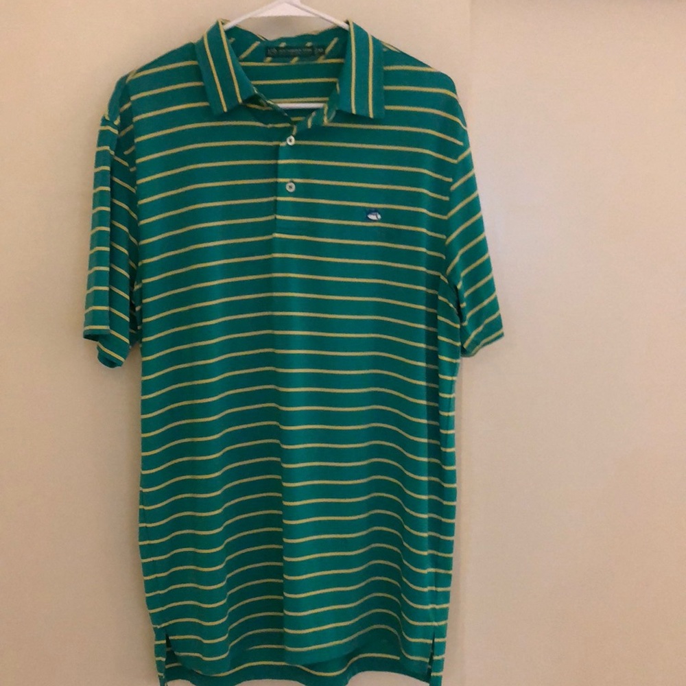 Green and yellow striped Southern Tide Polo